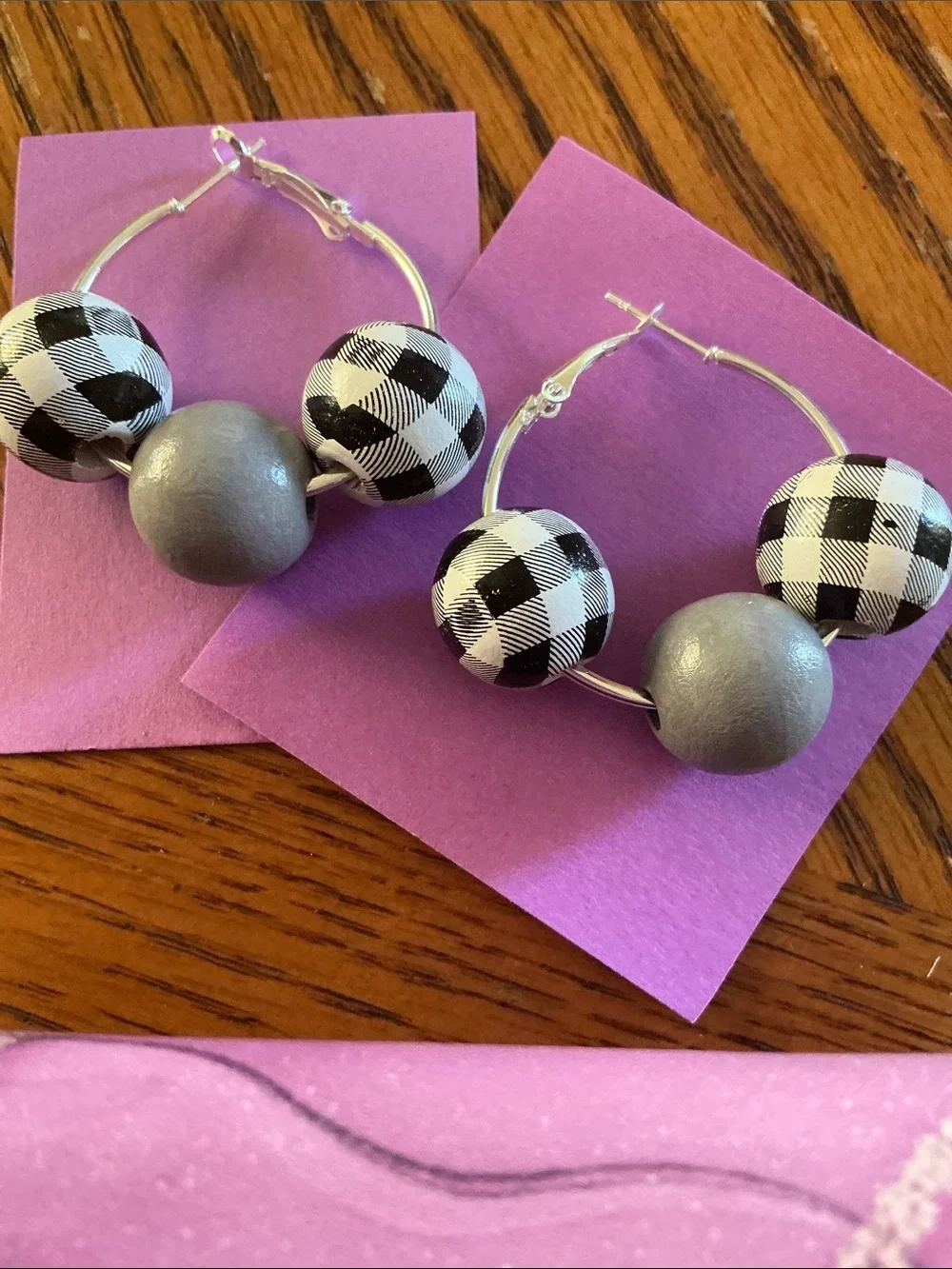 Handmade Black & White Buffalo Check Hoop Earrings with Gray Beads - Picture 2 of 2